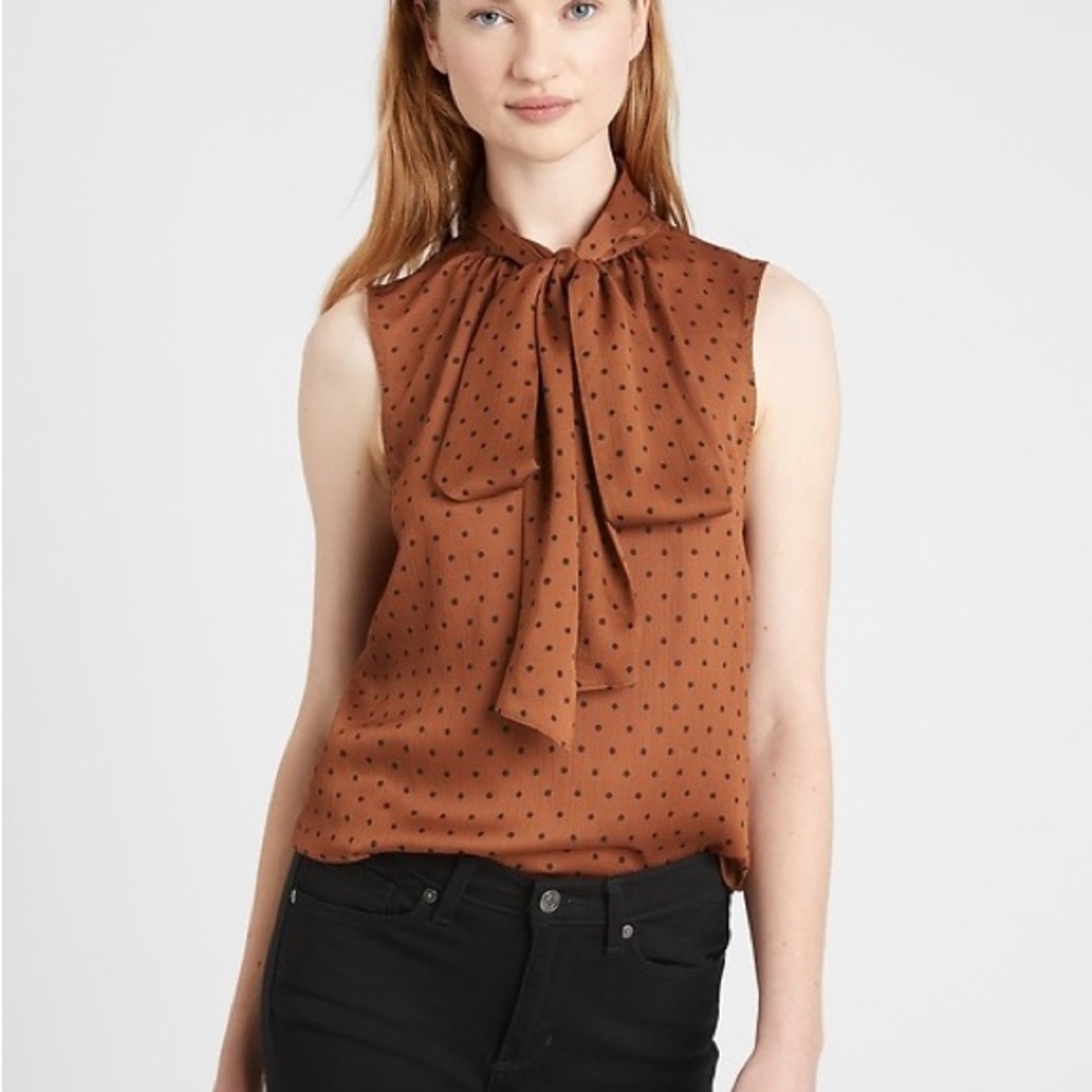Banana Republic Brown-Burnt Orange Polka Dot Sleeveless Blouse -with tie